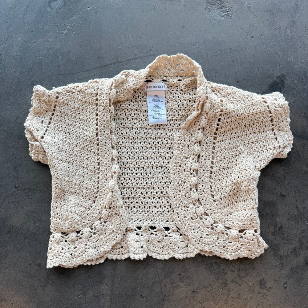 Vintage Y2k No Boundaries Crochet Knit Beige Bolero Short Sleeve Top Junior M